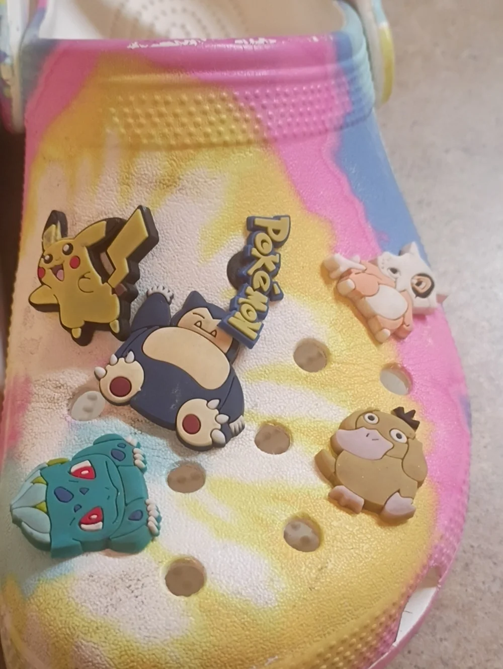 Adult Tie-Dye Croc-Style Slip-On Shoes with Pokémon Charms - Yellow/Pink/Blue
